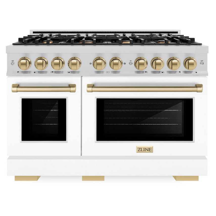 ZLINE 48 in. Dual Fuel Range Double Oven 6.7 cu. ft. Capacity 8 Burner Gas Cooktop Satin Stainless Steel White Matte Doors Champagne Bronze Accents (HDRSZ-WM-48-CB)