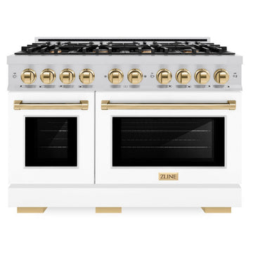 ZLINE 48 in. Dual Fuel Range Double Oven 6.7 cu. ft. 8 Gas Burners Satin Stainless Steel White Matte Doors Polished Gold Accents (HDRSZ-WM-48-G)