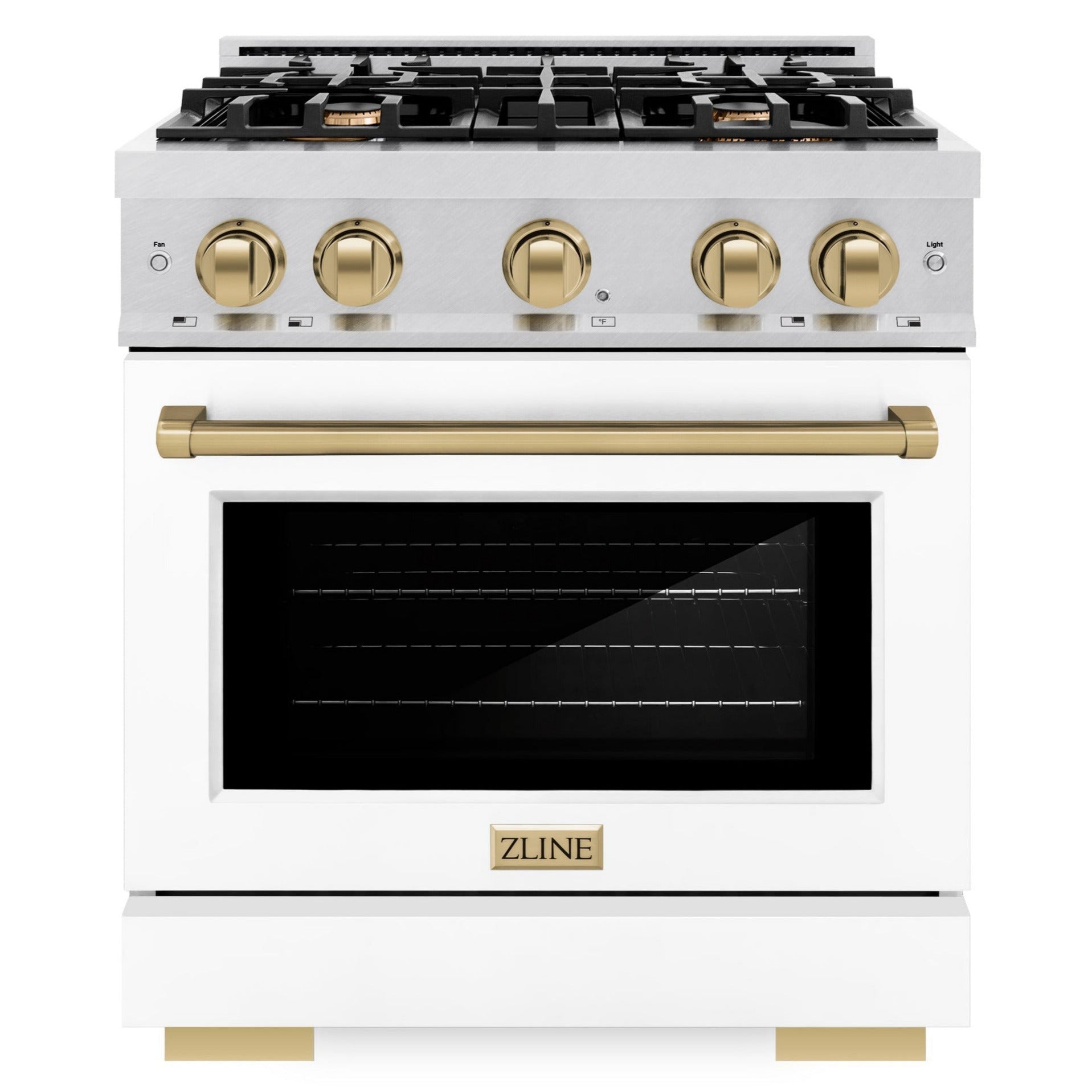 ZLINE Autograph Edition 30 in. Dual Fuel Range, 4 Burners Gas Cooktop, Electric Convection Oven, Satin Stainless Steel with White Matte Door and Champagne Bronze Accents (HDRSZ-WM-30-CB)