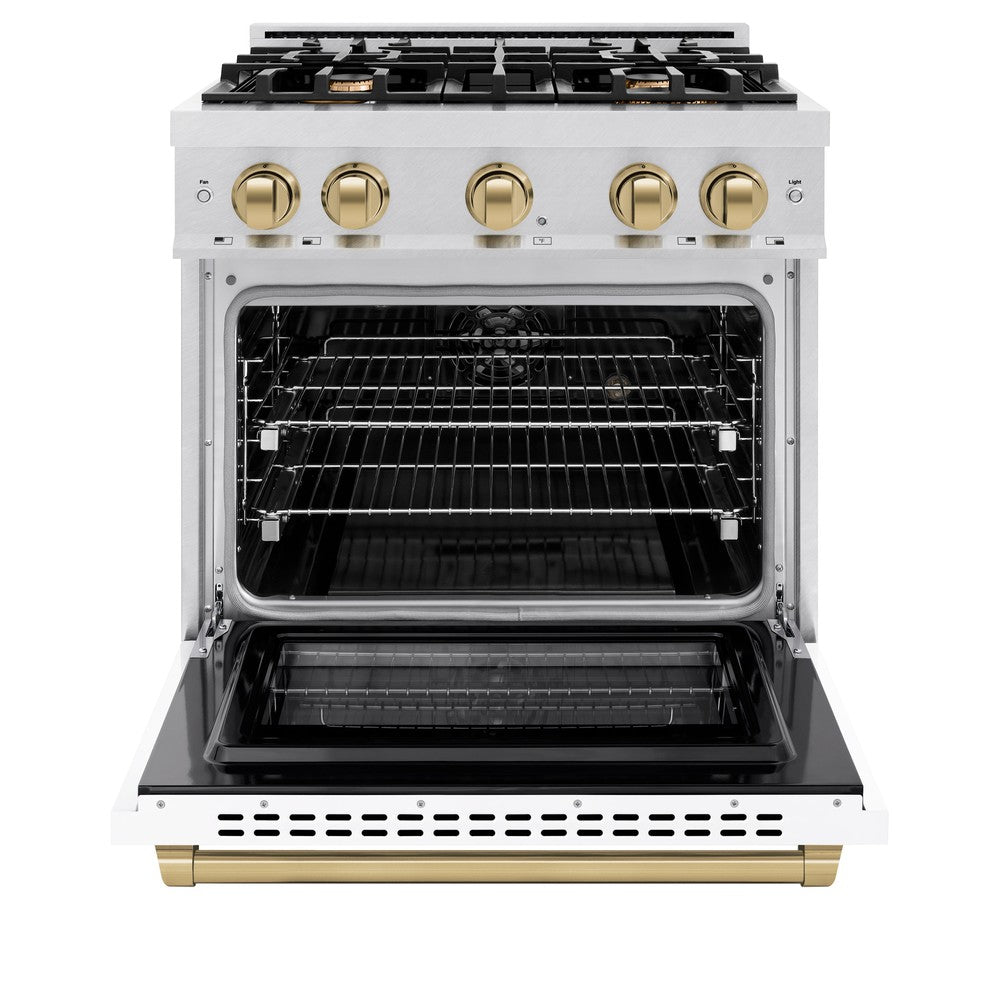 ZLINE Autograph Edition 30 in. Dual Fuel Range, 4 Burners Gas Cooktop, Electric Convection Oven, Satin Stainless Steel with White Matte Door and Champagne Bronze Accents (HDRSZ-WM-30-CB)