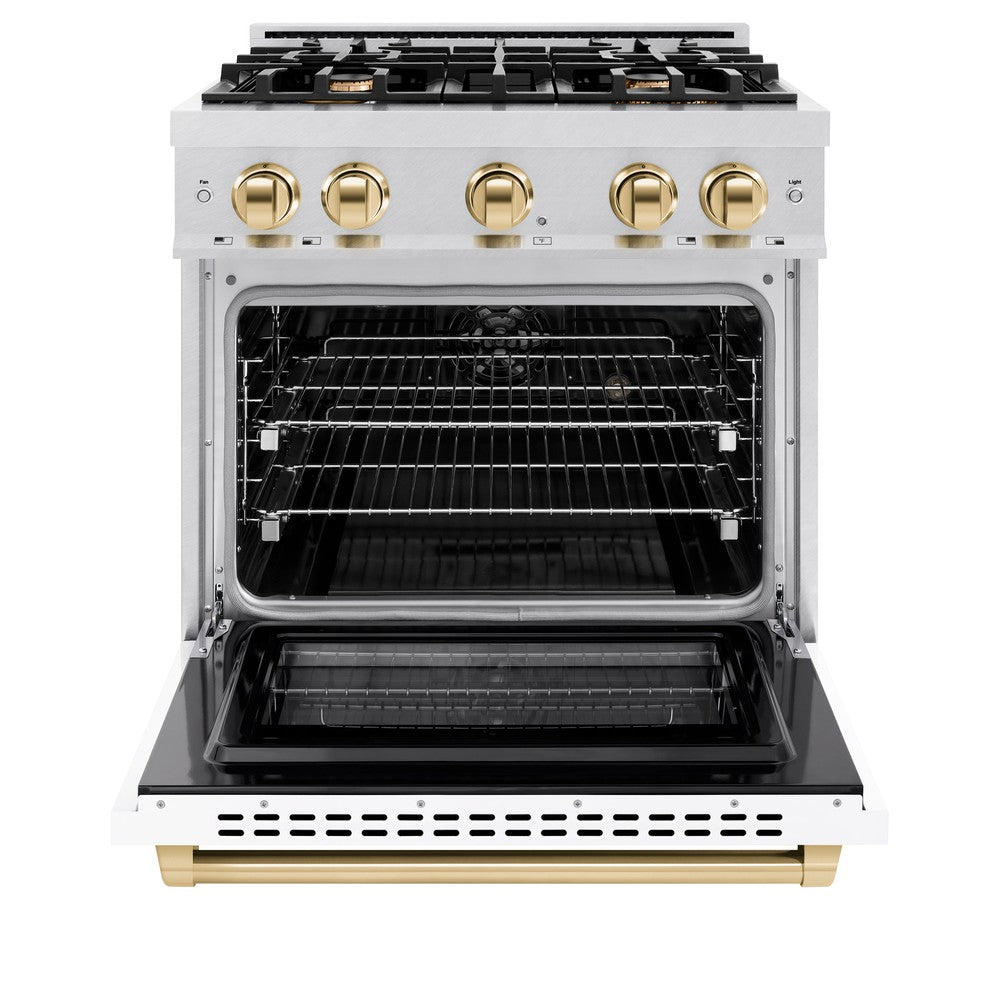 ZLINE 30 in. Dual Fuel Range 4.2 cu. ft. 4 Burner Gas Cooktop Electric Convection Oven Satin Stainless Steel White Matte Door Polished Gold Accents (HDRSZ-WM-30-G)