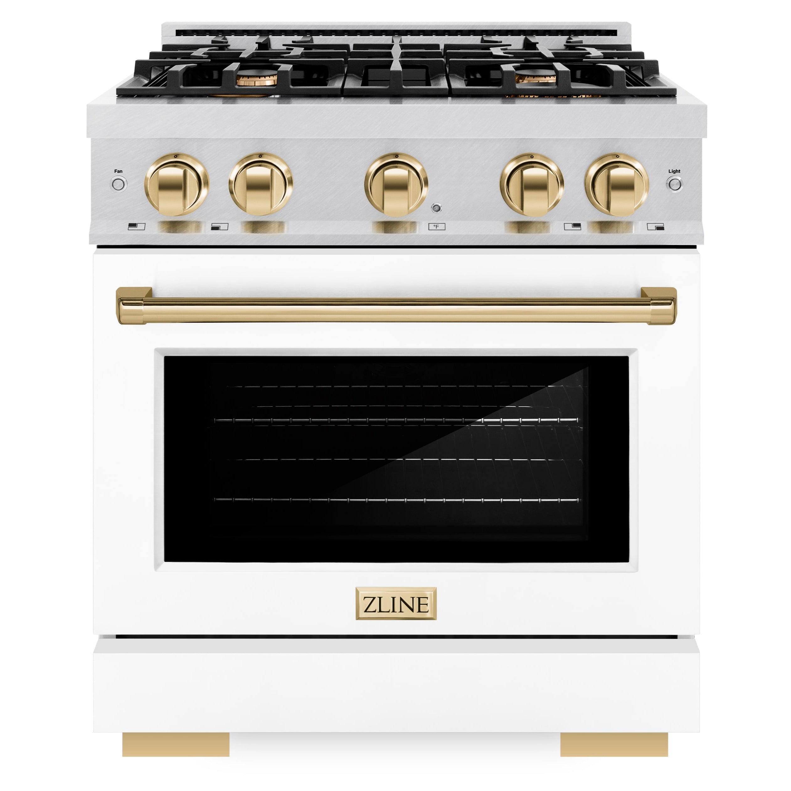 ZLINE 30 in. Dual Fuel Range 4.2 cu. ft. 4 Burner Gas Cooktop Electric Convection Oven Satin Stainless Steel White Matte Door Polished Gold Accents (HDRSZ-WM-30-G)