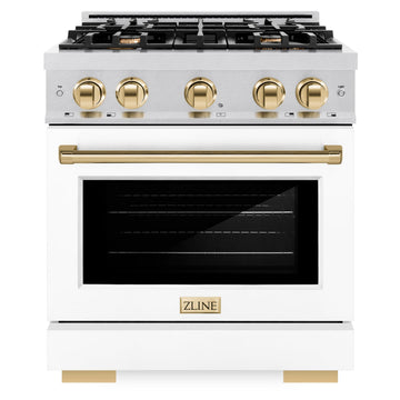 ZLINE 30 in. Dual Fuel Range 4.2 cu. ft. 4 Burner Gas Cooktop Electric Convection Oven Satin Stainless Steel White Matte Door Polished Gold Accents (HDRSZ-WM-30-G)