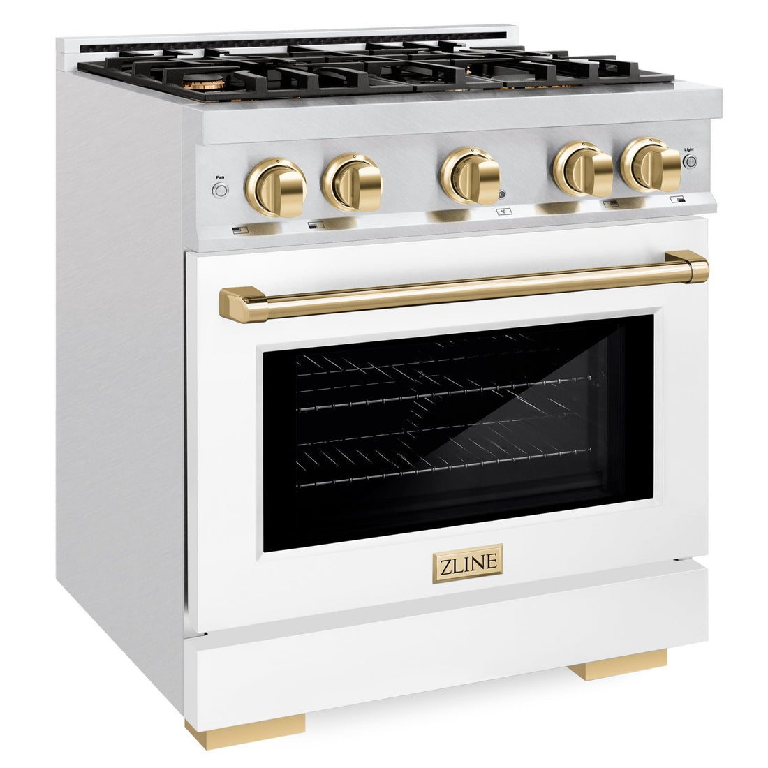 ZLINE 30 in. Dual Fuel Range 4.2 cu. ft. 4 Burner Gas Cooktop Electric Convection Oven Satin Stainless Steel White Matte Door Polished Gold Accents (HDRSZ-WM-30-G)
