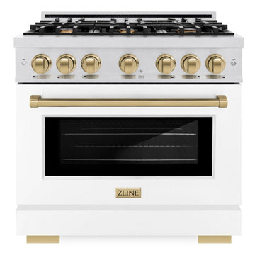 ZLINE 36 in. Dual Fuel Range 5.2 cu. ft. with 6 Burner Gas Cooktop, Electric Convection Oven, Satin Stainless Steel, White Matte Door & Champagne Bronze Accents (HDRSZ-WM-36-CB)