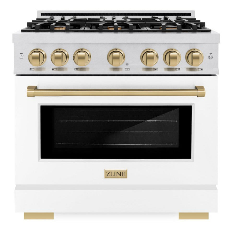 ZLINE 36 in. Dual Fuel Range 5.2 cu. ft. with 6 Burner Gas Cooktop, Electric Convection Oven, Satin Stainless Steel, White Matte Door & Champagne Bronze Accents (HDRSZ-WM-36-CB)