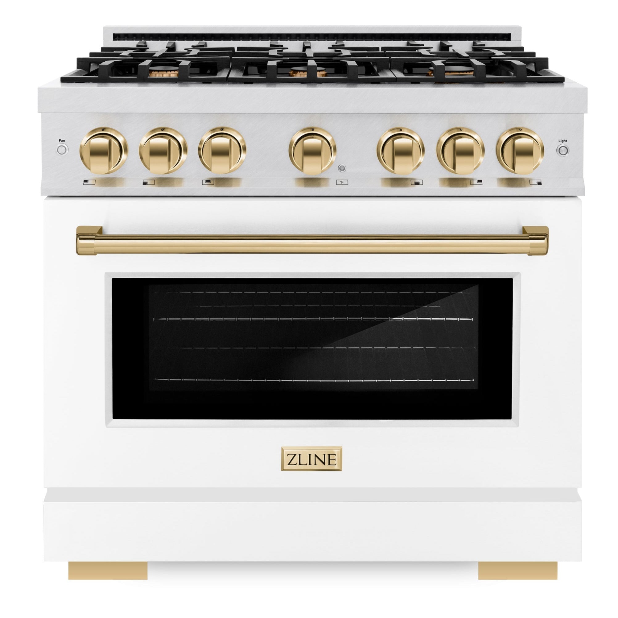 ZLINE 36 in. Dual Fuel Range 5.2 cu. ft. Capacity 6 Burner Gas Cooktop Electric Convection Oven Satin Stainless Steel with White Matte Door and Polished Gold Accents (HDRSZ-WM-36-G)