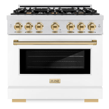 ZLINE 36 in. Dual Fuel Range 5.2 cu. ft. Capacity 6 Burner Gas Cooktop Electric Convection Oven Satin Stainless Steel with White Matte Door and Polished Gold Accents (HDRSZ-WM-36-G)