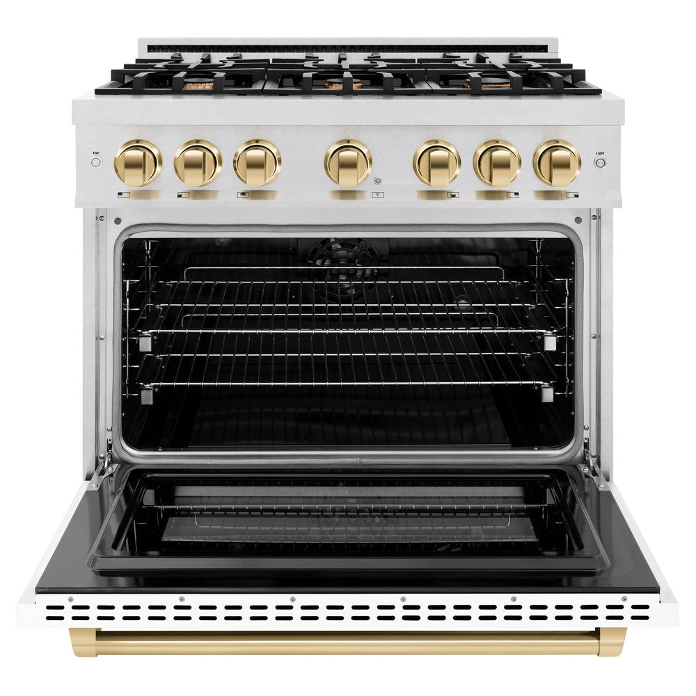 ZLINE 36 in. Dual Fuel Range 5.2 cu. ft. Capacity 6 Burner Gas Cooktop Electric Convection Oven Satin Stainless Steel with White Matte Door and Polished Gold Accents (HDRSZ-WM-36-G)