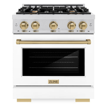 ZLINE 30 in. Gas Range 4.2 cu. ft. 4 Burner Cooktop Convection Gas Oven Satin Stainless Steel White Matte Door Champagne Bronze Accents (HGRSZ-WM-30-CB)