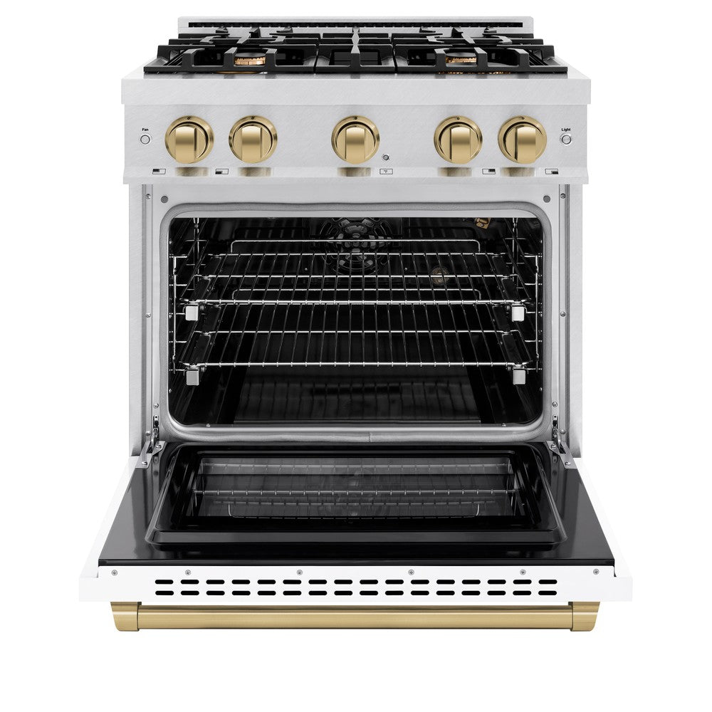 ZLINE 30 in. Gas Range 4.2 cu. ft. 4 Burner Cooktop Convection Gas Oven Satin Stainless Steel White Matte Door Champagne Bronze Accents (HGRSZ-WM-30-CB)