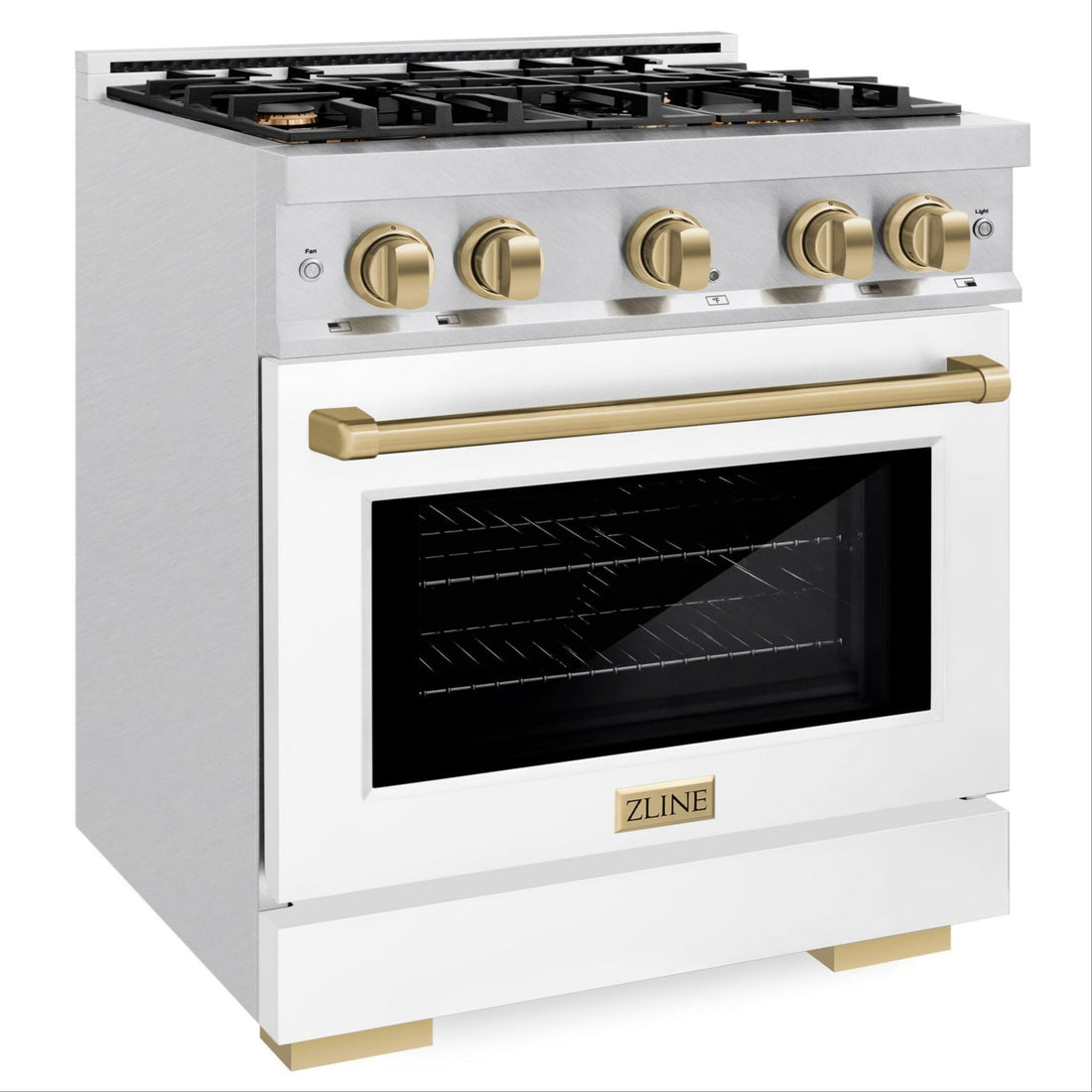 ZLINE 30 in. Gas Range 4.2 cu. ft. 4 Burner Cooktop Convection Gas Oven Satin Stainless Steel White Matte Door Champagne Bronze Accents (HGRSZ-WM-30-CB)
