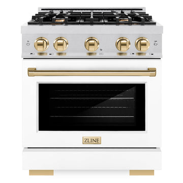 ZLINE Autograph Edition 30 in. Select Gas Range with 4 Burners and Convection Gas Oven, 4.2 cu. ft., Satin Stainless Steel, White Matte Door, Polished Gold Accents (HGRSZ-WM-30-G)