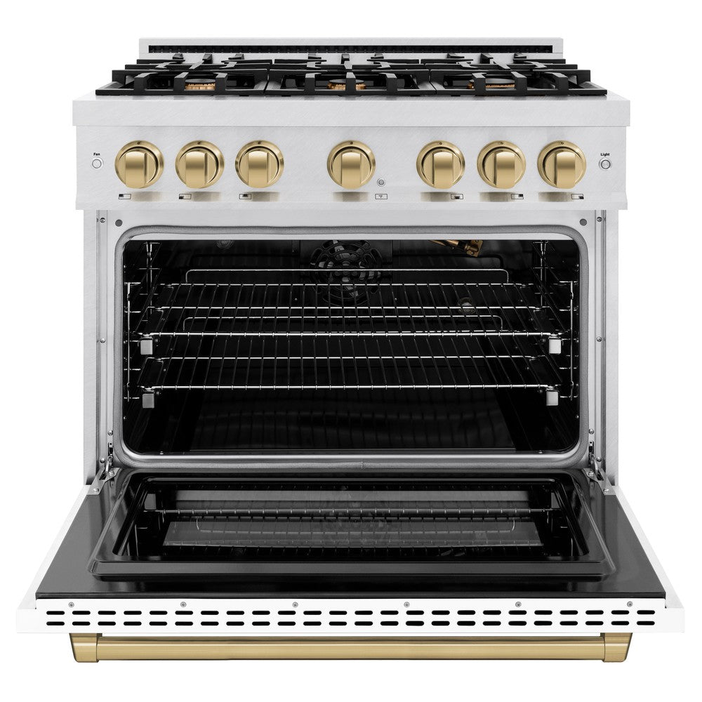 ZLINE 36 in. Gas Range 5.2 cu. ft. Capacity 6 Burners Convection Gas Oven Satin Stainless Steel White Matte Door Champagne Bronze Accents (HGRSZ-WM-36-CB)
