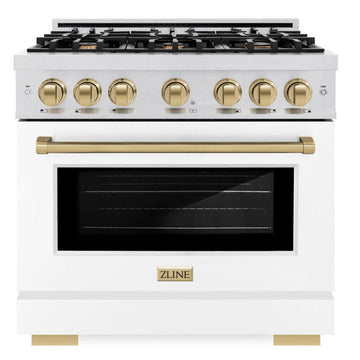 ZLINE 36 in. Gas Range 5.2 cu. ft. Capacity 6 Burners Convection Gas Oven Satin Stainless Steel White Matte Door Champagne Bronze Accents (HGRSZ-WM-36-CB)