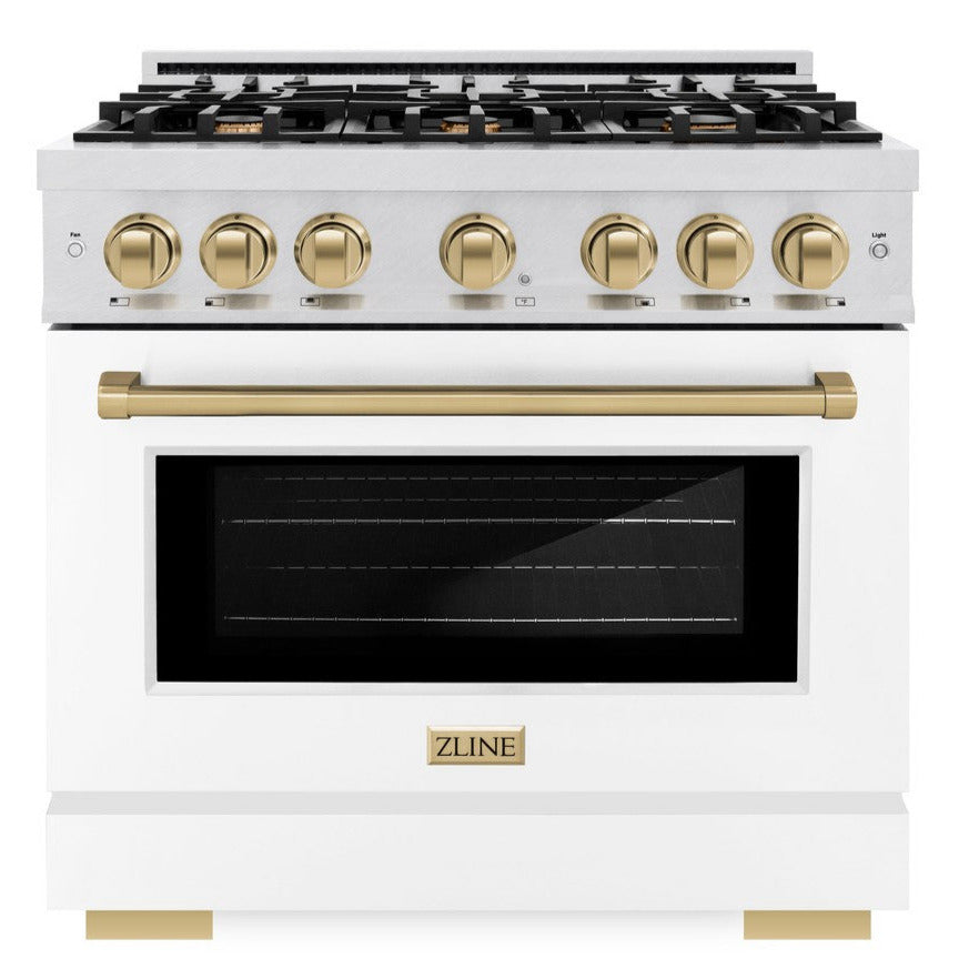 ZLINE 36 in. Gas Range 5.2 cu. ft. Capacity 6 Burners Convection Gas Oven Satin Stainless Steel White Matte Door Champagne Bronze Accents (HGRSZ-WM-36-CB)
