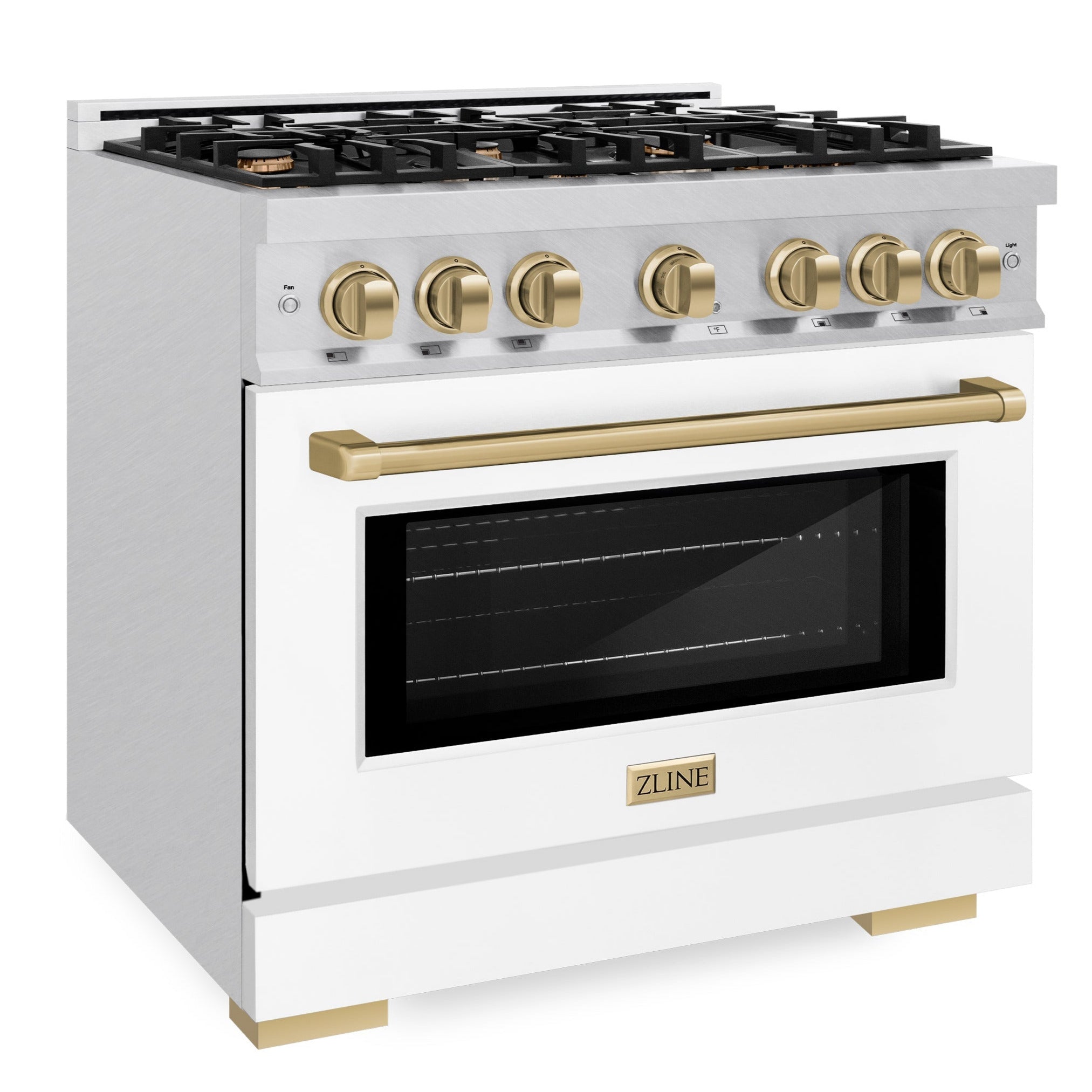 ZLINE 36 in. Gas Range 5.2 cu. ft. Capacity 6 Burners Convection Gas Oven Satin Stainless Steel White Matte Door Champagne Bronze Accents (HGRSZ-WM-36-CB)