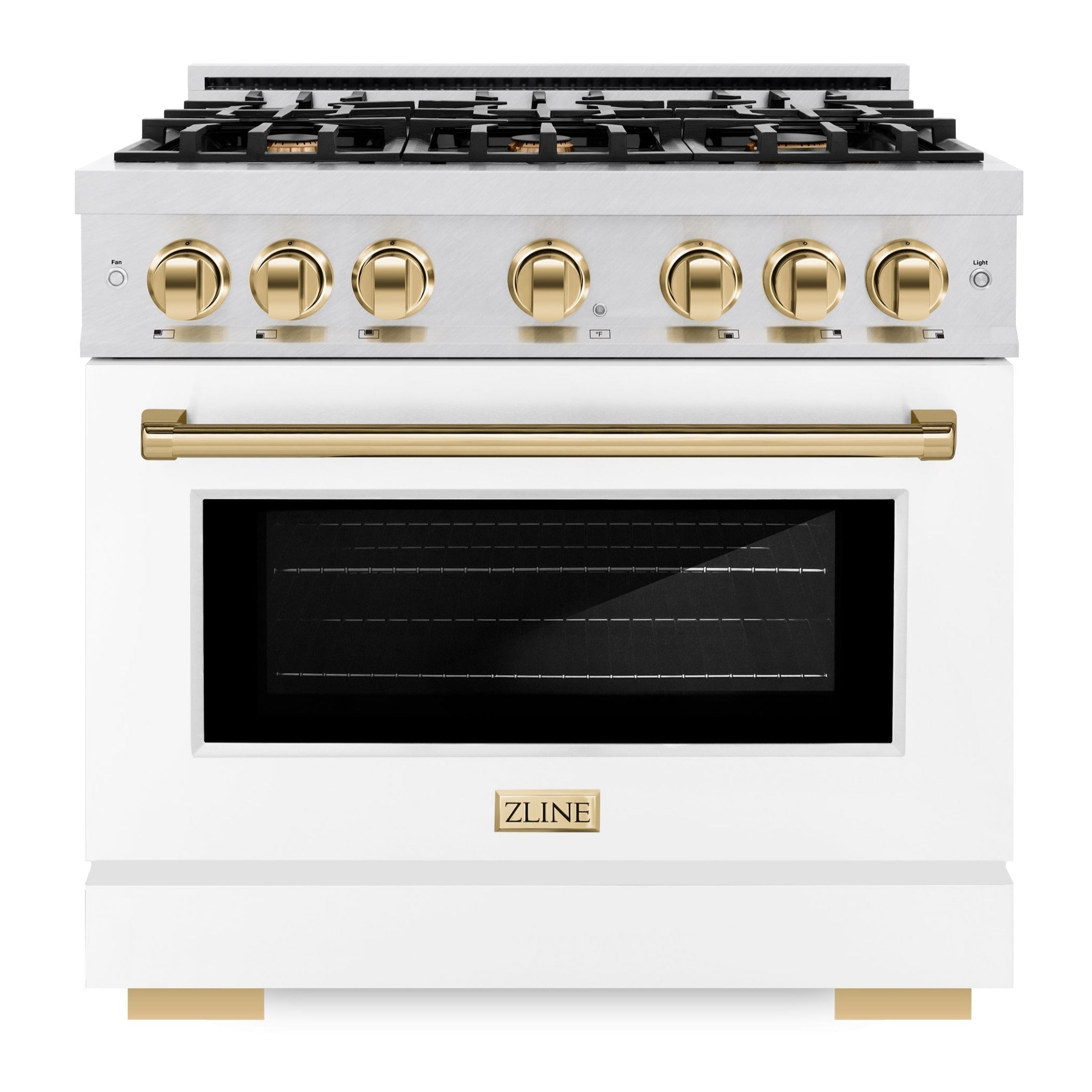 ZLINE 36 in. Gas Range 5.2 cu. ft. 6 Burner Cooktop Convection Gas Oven Satin Stainless Steel White Matte Door Polished Gold Accents (HGRSZ-WM-36-G)