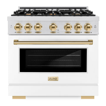 ZLINE 36 in. Gas Range 5.2 cu. ft. 6 Burner Cooktop Convection Gas Oven Satin Stainless Steel White Matte Door Polished Gold Accents (HGRSZ-WM-36-G)