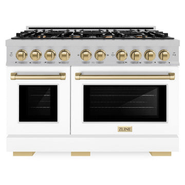 ZLINE 48 in. Double Oven Gas Range 6.7 cu. ft. 8 Burner Cooktop Satin Stainless Steel with White Matte Doors & Champagne Bronze Accents (HGRSZ-WM-48-CB)