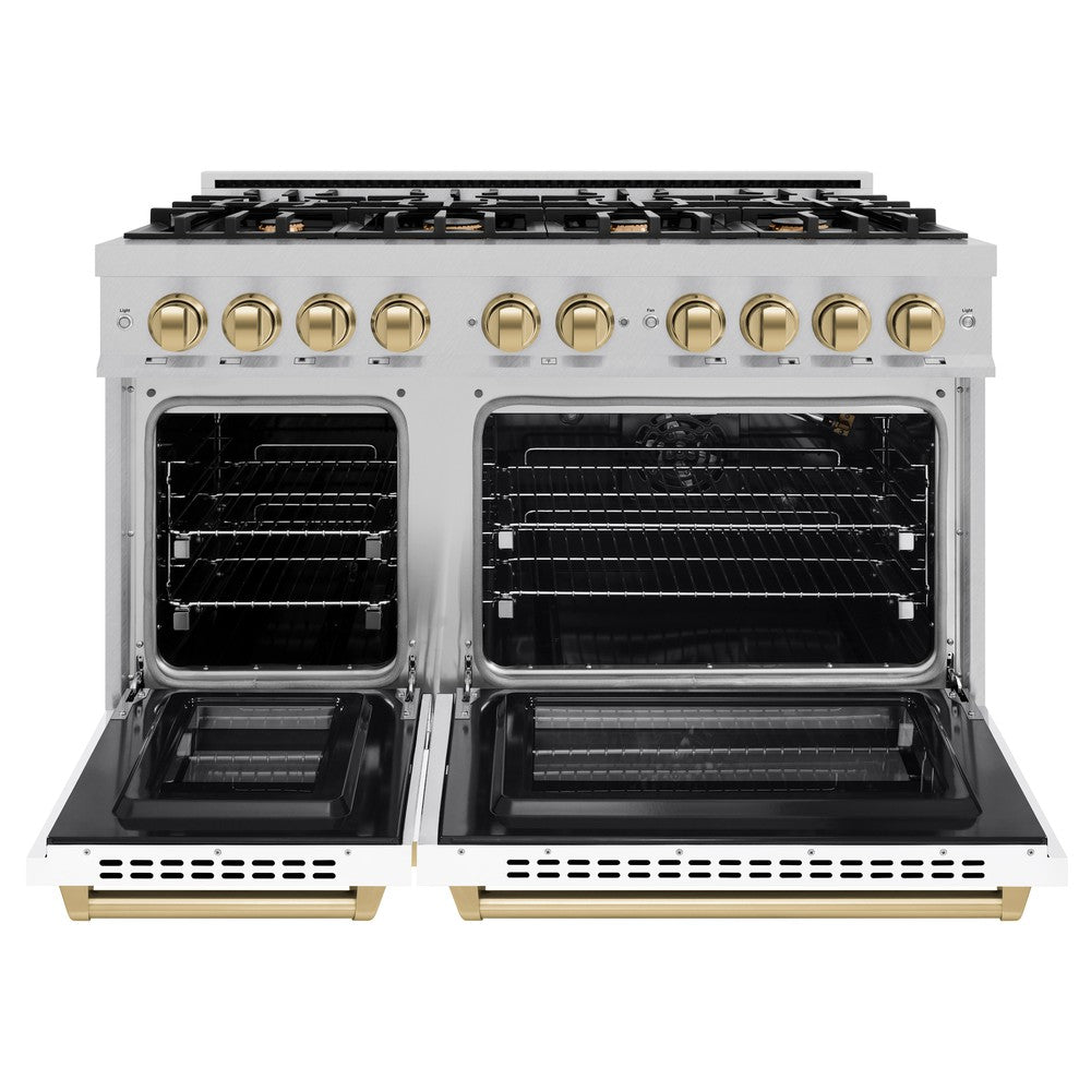 ZLINE 48 in. Double Oven Gas Range 6.7 cu. ft. 8 Burner Cooktop Satin Stainless Steel with White Matte Doors & Champagne Bronze Accents (HGRSZ-WM-48-CB)