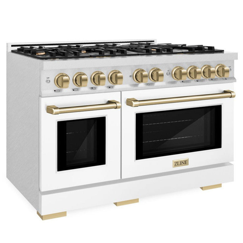 ZLINE 48 in. Double Oven Gas Range 6.7 cu. ft. 8 Burner Cooktop Satin Stainless Steel with White Matte Doors & Champagne Bronze Accents (HGRSZ-WM-48-CB)