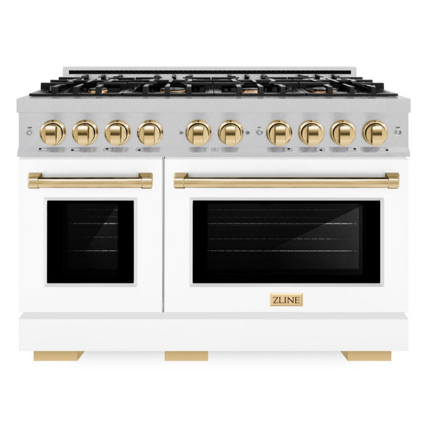 ZLINE 48 in. Double Oven Gas Range 6.7 cu. ft. 8 Burner Cooktop Satin Stainless Steel with White Matte Doors and Polished Gold Accents (HGRSZ-WM-48-G)