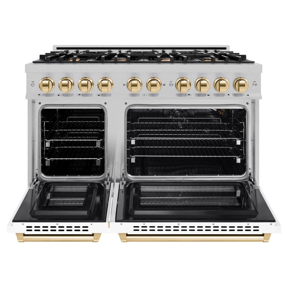 ZLINE 48 in. Double Oven Gas Range 6.7 cu. ft. 8 Burner Cooktop Satin Stainless Steel with White Matte Doors and Polished Gold Accents (HGRSZ-WM-48-G)