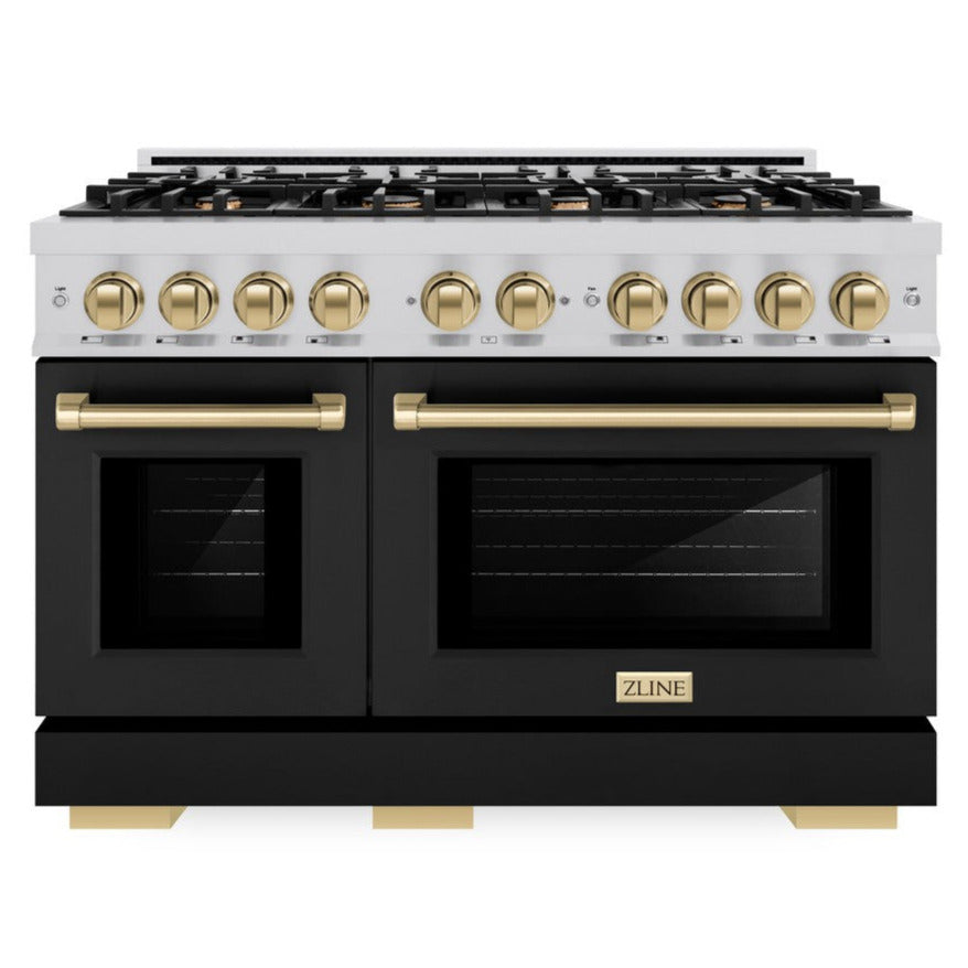 ZLINE 48 in. Dual Fuel Range 6.7 cu. ft. Double Oven 8 Burner Gas Cooktop Stainless Steel Black Matte Doors Champagne Bronze Accents (HDRZ-BLM-48-CB)
