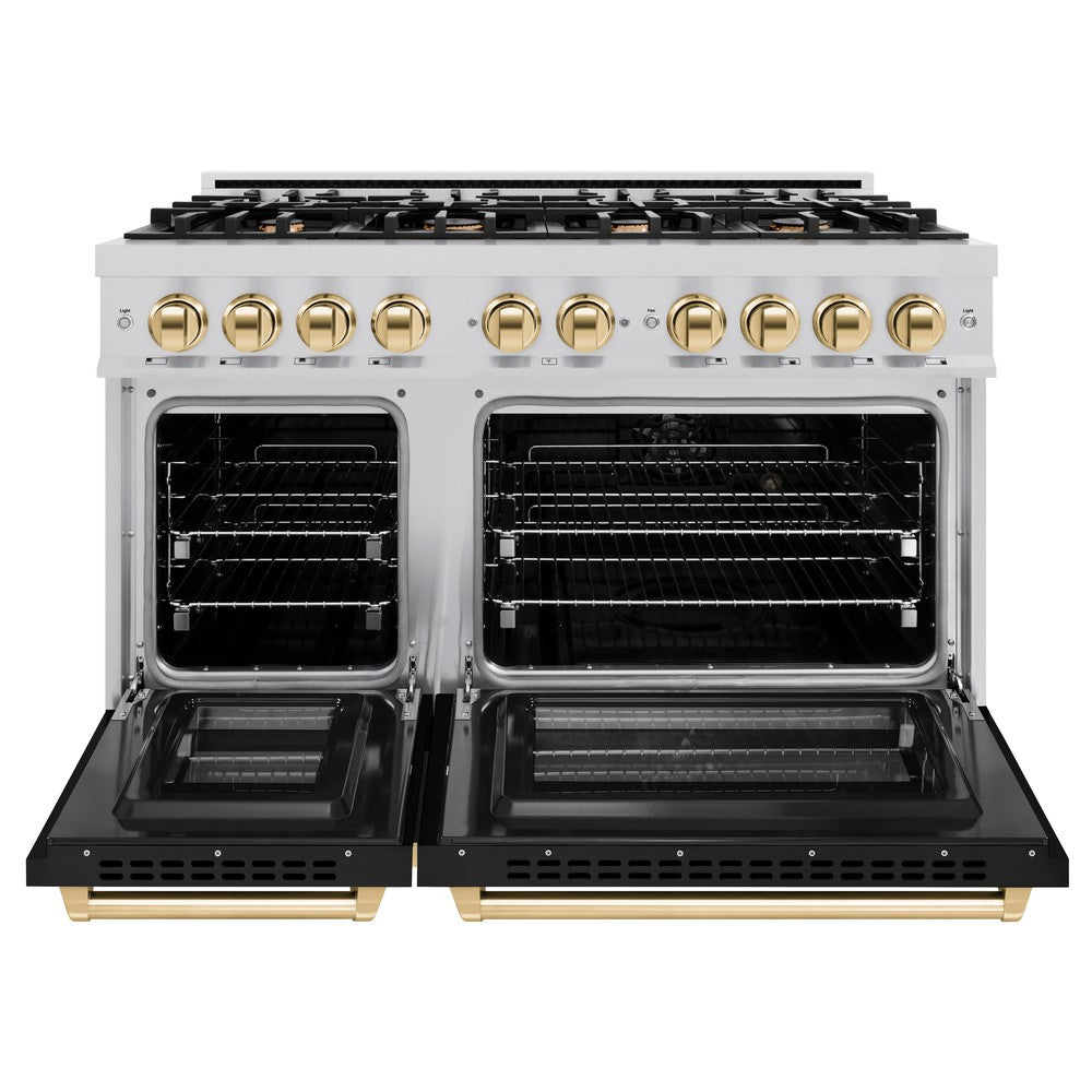 ZLINE 48 in. Dual Fuel Range Double Oven 6.7 cu. ft. 8 Burners Stainless Steel Black Matte Doors Polished Gold Accents (HDRZ-BLM-48-G)