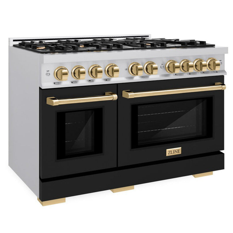 ZLINE 48 in. Dual Fuel Range Double Oven 6.7 cu. ft. 8 Burners Stainless Steel Black Matte Doors Polished Gold Accents (HDRZ-BLM-48-G)