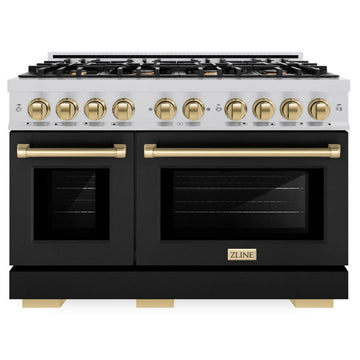 ZLINE 48 in. Gas Range Double Oven 6.7 cu. ft. 8 Burner Stainless Steel with Black Matte Doors & Champagne Bronze Accents (HGRZ-BLM-48-CB)