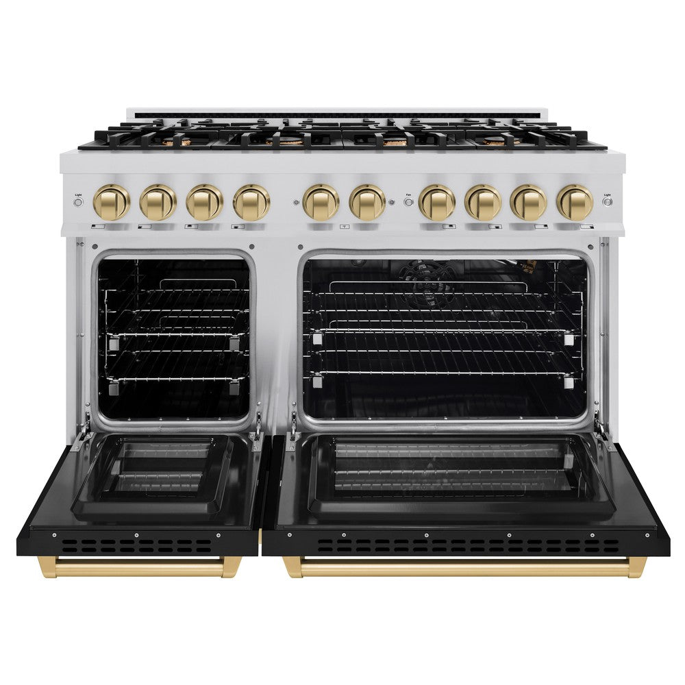 ZLINE 48 in. Gas Range Double Oven 6.7 cu. ft. 8 Burner Stainless Steel with Black Matte Doors & Champagne Bronze Accents (HGRZ-BLM-48-CB)