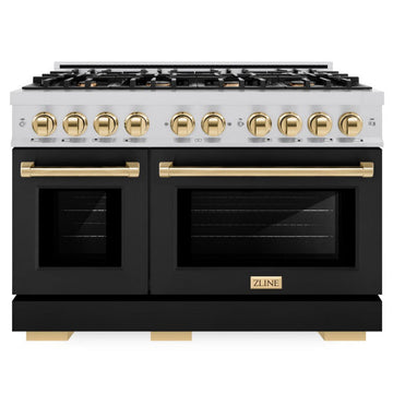 ZLINE 48 in. Double Oven Gas Range 6.7 cu. ft. 8 Burner Cooktop Stainless Steel with Black Matte Doors & Polished Gold Accents (HGRZ-BLM-48-G)