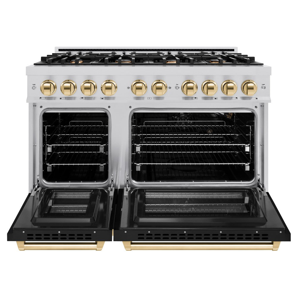 ZLINE 48 in. Double Oven Gas Range 6.7 cu. ft. 8 Burner Cooktop Stainless Steel with Black Matte Doors & Polished Gold Accents (HGRZ-BLM-48-G)