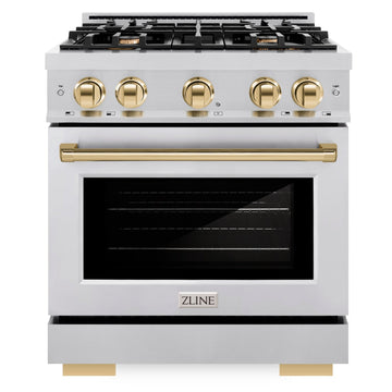 ZLINE Autograph Edition 30 in. Dual Fuel Range 4.2 cu. ft. with 4 Gas Burners and Electric Convection Oven in Stainless Steel with Polished Gold Accents (HDRZ-30-G)