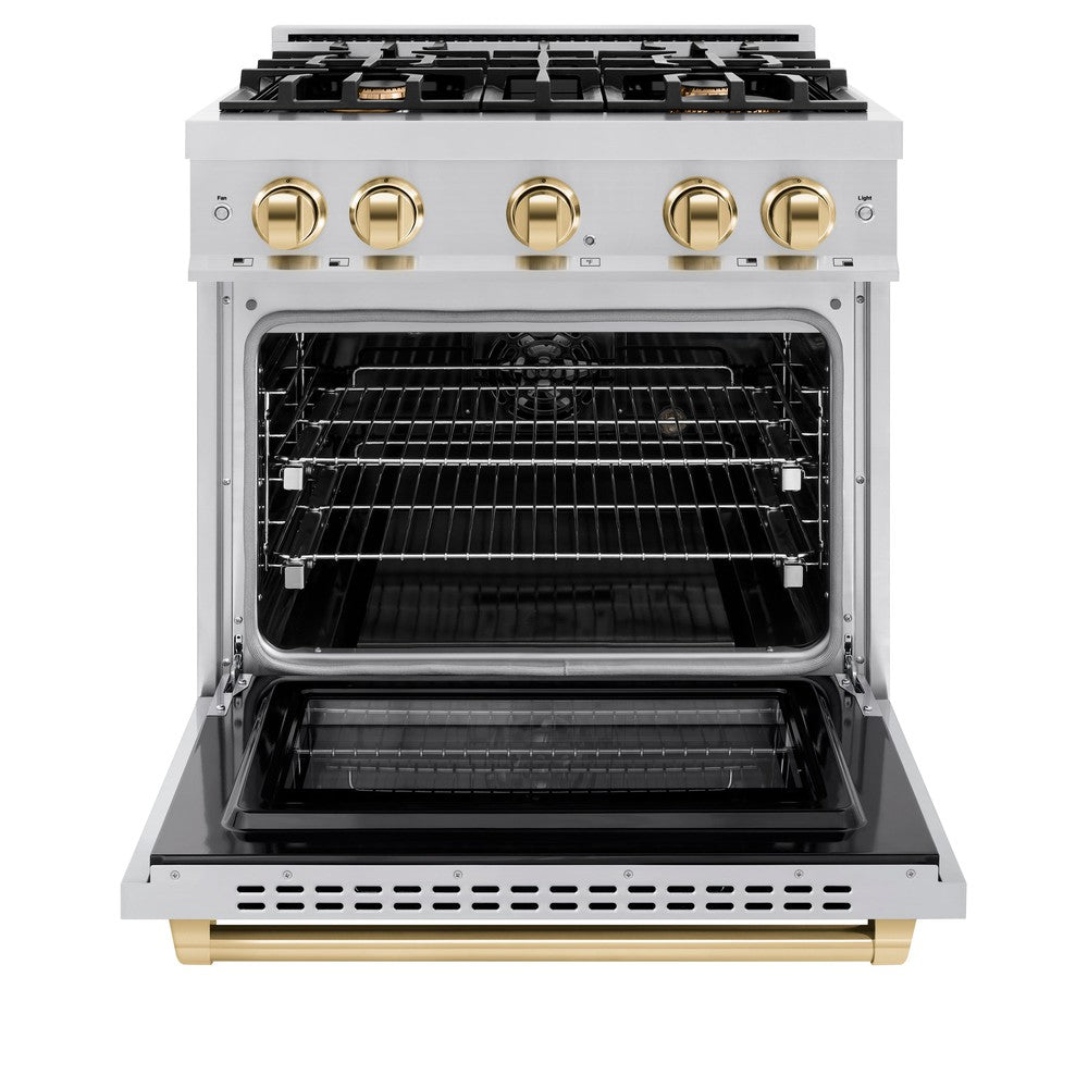 ZLINE Autograph Edition 30 in. Dual Fuel Range 4.2 cu. ft. with 4 Gas Burners and Electric Convection Oven in Stainless Steel with Polished Gold Accents (HDRZ-30-G)
