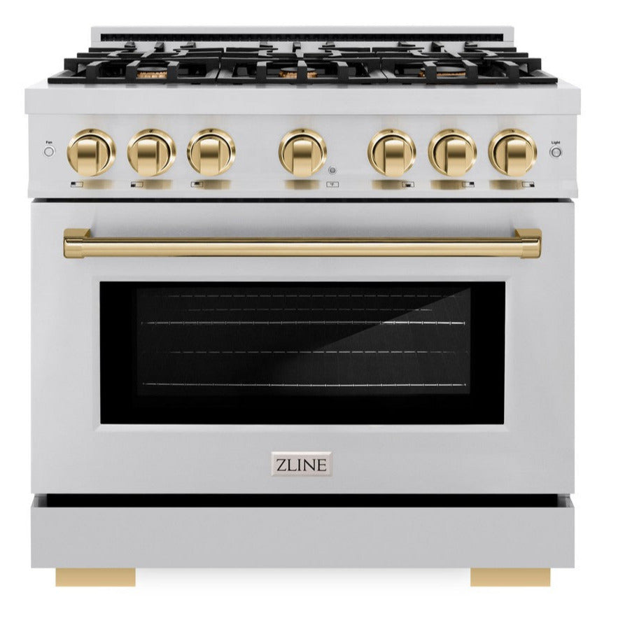ZLINE 36 in. Dual Fuel Range 5.2 cu. ft. 6 Burner Gas Cooktop Electric Convection Oven Stainless Steel with Polished Gold Accents (HDRZ-36-G)
