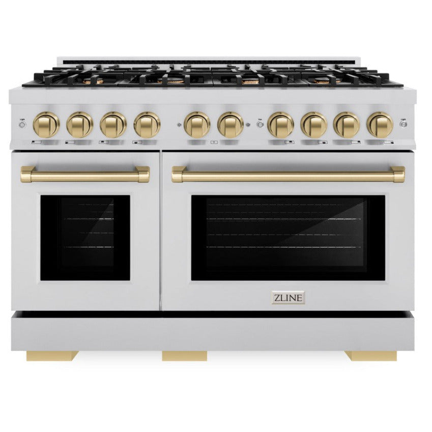 ZLINE 48 in. Dual Fuel Range Double Oven 6.7 cu. ft. 8 Burner Gas Cooktop Stainless Steel with Champagne Bronze Accents (HDRZ-48-CB)