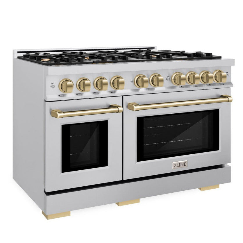 ZLINE 48 in. Dual Fuel Range Double Oven 6.7 cu. ft. 8 Burner Gas Cooktop Stainless Steel with Champagne Bronze Accents (HDRZ-48-CB)