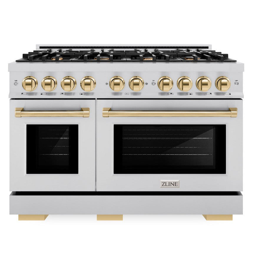 ZLINE 48 in. Dual Fuel Range Double Oven 6.7 cu. ft. 8 Burners Stainless Steel with Polished Gold Accents (HDRZ-48-G)