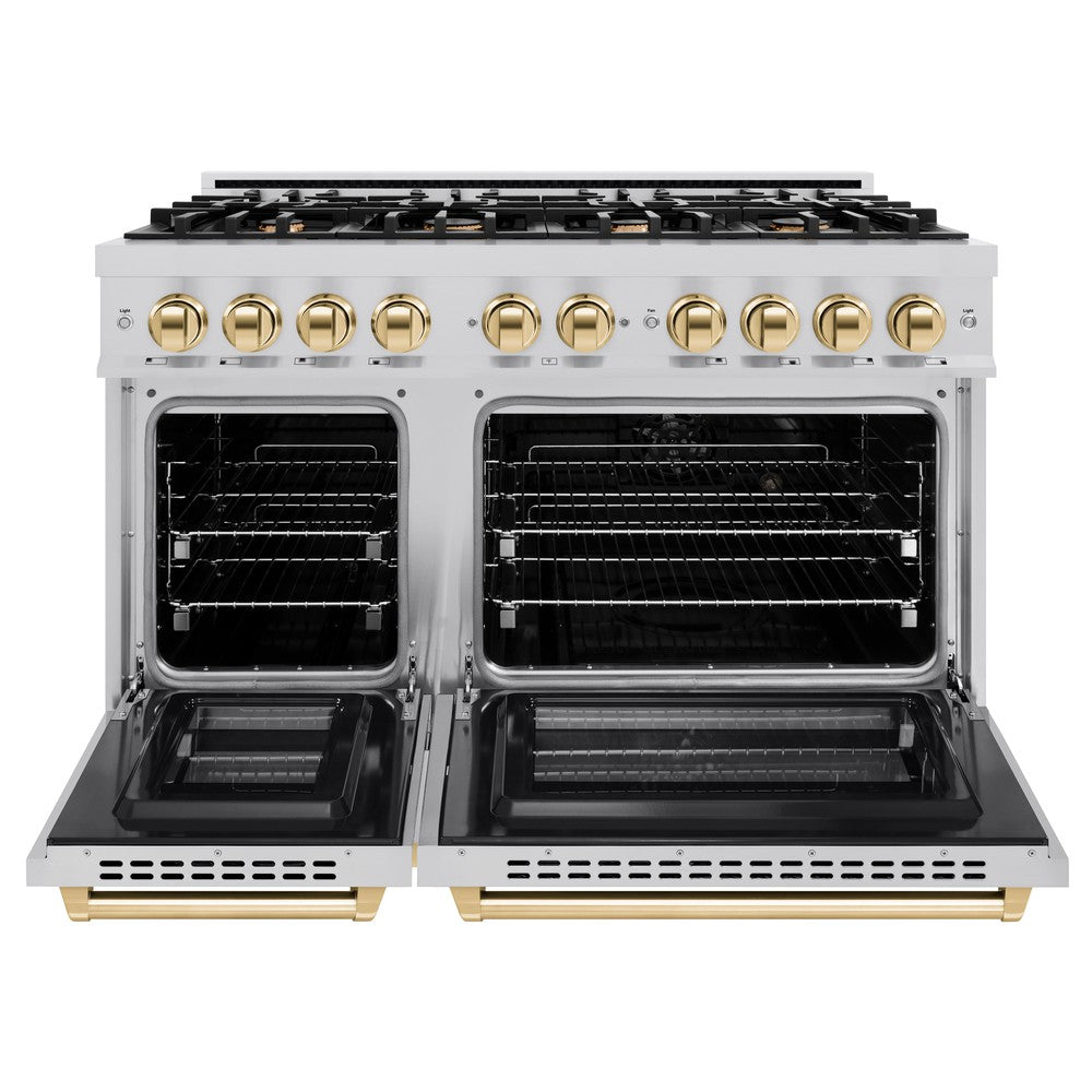 ZLINE 48 in. Dual Fuel Range Double Oven 6.7 cu. ft. 8 Burners Stainless Steel with Polished Gold Accents (HDRZ-48-G)