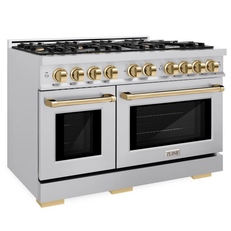 ZLINE 48 in. Dual Fuel Range Double Oven 6.7 cu. ft. 8 Burners Stainless Steel with Polished Gold Accents (HDRZ-48-G)