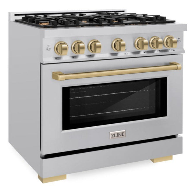 ZLINE 36 in. Gas Range 5.2 cu. ft. 6 Burners Stainless Steel with Champagne Bronze Accents (HGRZ-36-CB)