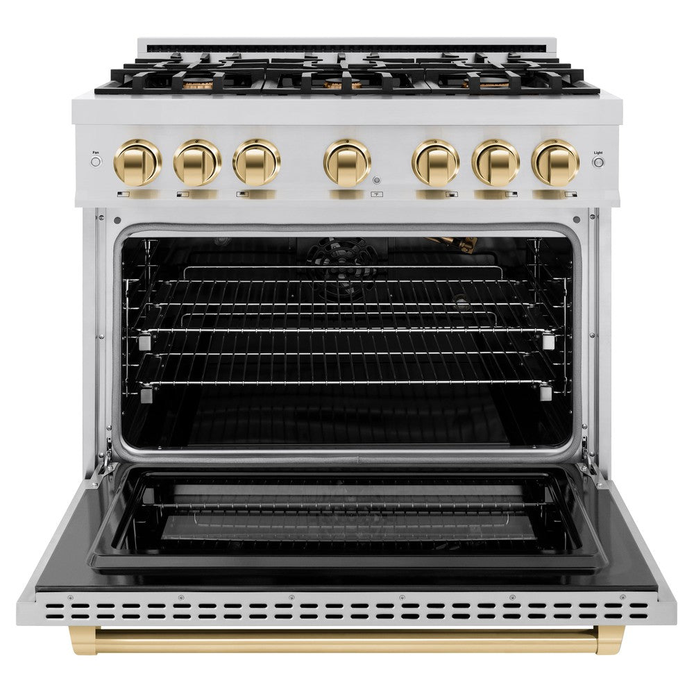 ZLINE 36 in. Gas Range 5.2 cu. ft. 6 Burner Cooktop Stainless Steel with Polished Gold Accents (HGRZ-36-G)