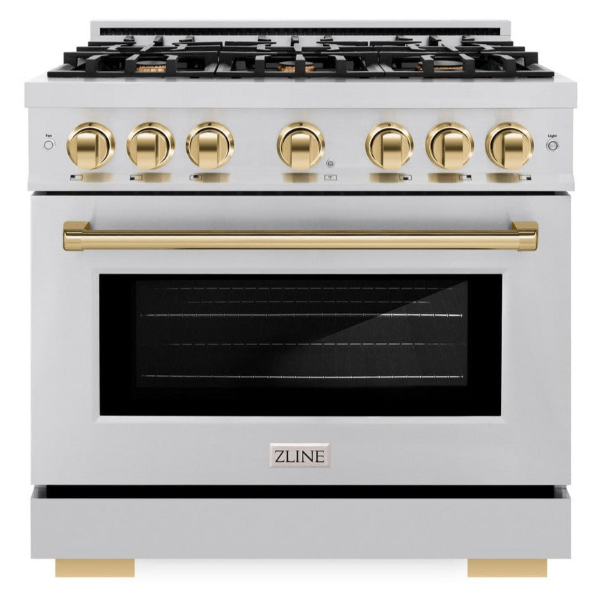 ZLINE 36 in. Gas Range 5.2 cu. ft. 6 Burner Cooktop Stainless Steel with Polished Gold Accents (HGRZ-36-G)