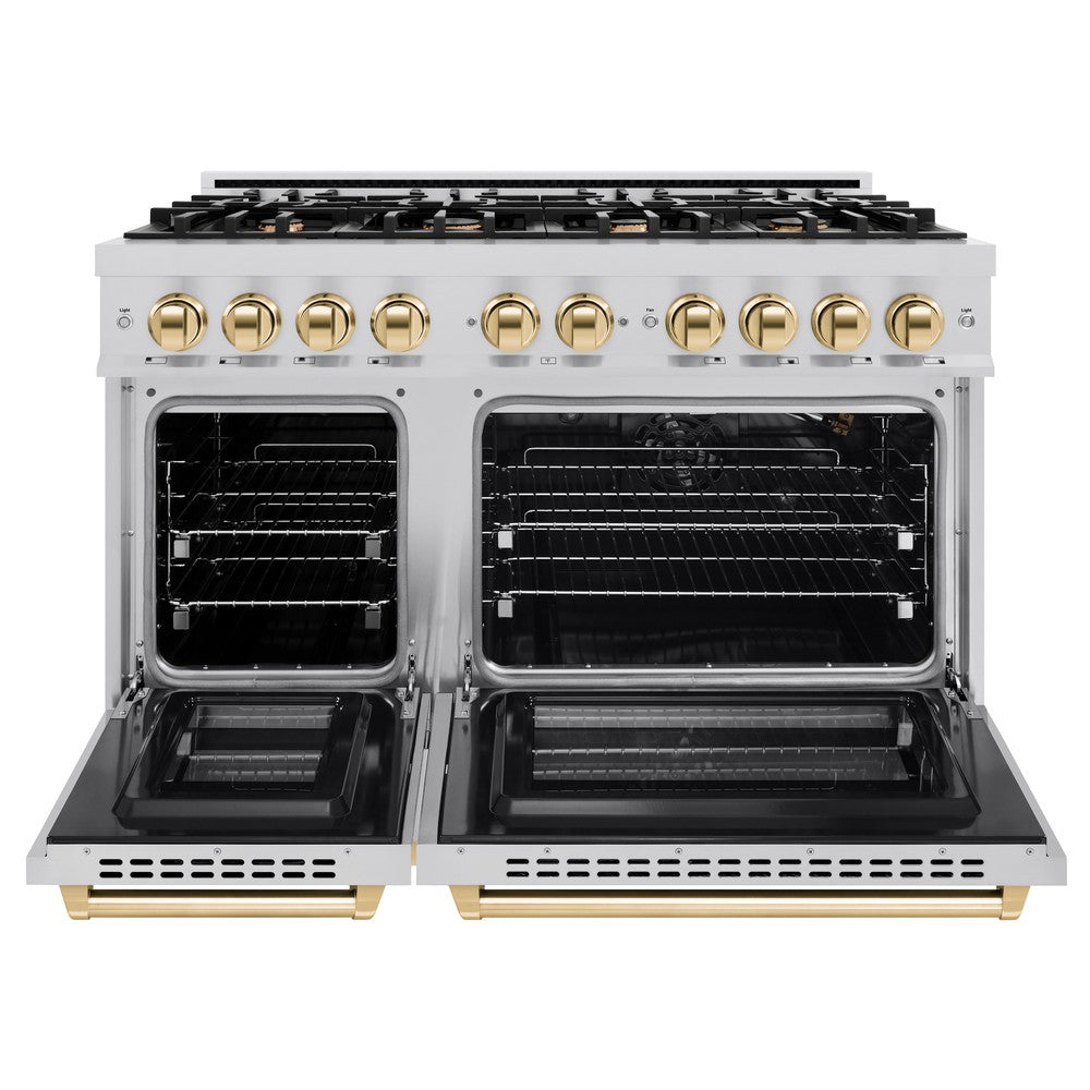 ZLINE 48 in. Gas Range Double Oven 6.7 cu. ft. 8 Burners Stainless Steel with Polished Gold Accents (HGRZ-48-G)