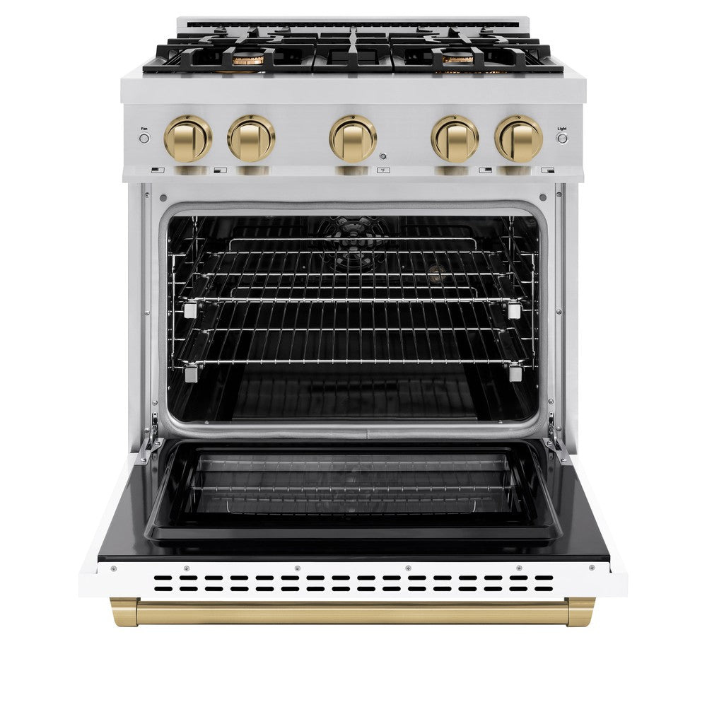 ZLINE 30 in. Dual Fuel Range 4.2 cu. ft. 4 Burners Stainless Steel White Matte Door Champagne Bronze Accents (HDRZ-WM-30-CB)