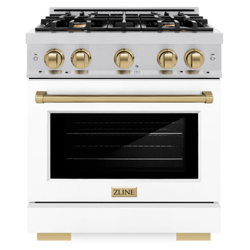 ZLINE 30 in. Dual Fuel Range 4.2 cu. ft. 4 Burners Stainless Steel White Matte Door Champagne Bronze Accents (HDRZ-WM-30-CB)