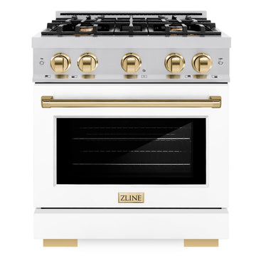 ZLINE 30 in. Select Dual Fuel Range 4.2 cu. ft. 4 Burner Gas Cooktop Electric Convection Oven Stainless Steel White Matte Door Polished Gold Accents (HDRZ-WM-30-G)